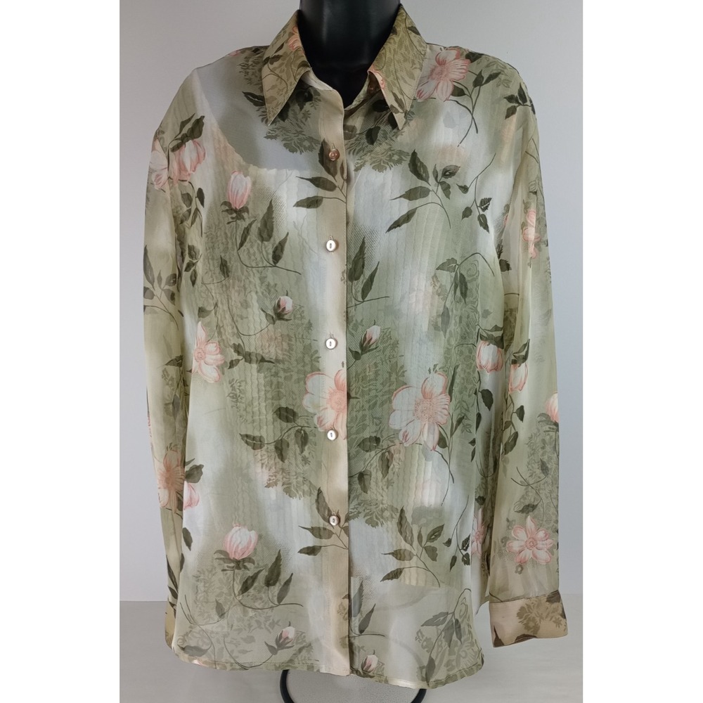 Notations Clothing Women's Size XL Green Floral Sheer Blouse + Stretchy Tank